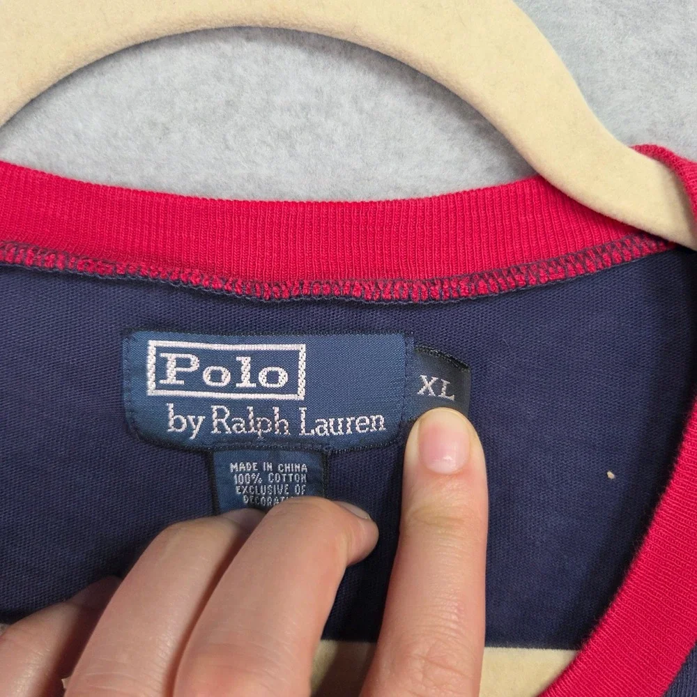 Polo Ralph Lauren T-Shirt Mens XL Navy Blue Red Ringer Crest Notched Neck